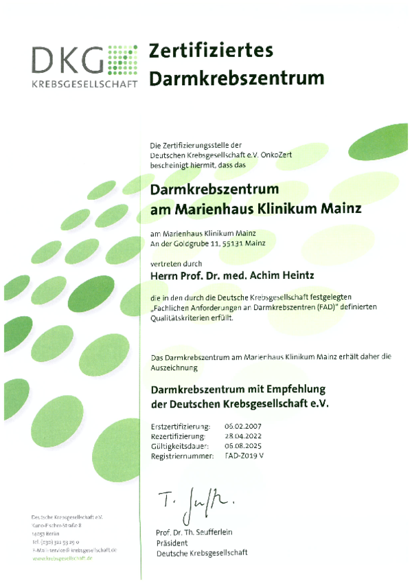 Zertifikat der Deutschen Krebsgesellschaft für das Darmkrebszentrum am Marienhaus Klinikum Mainz