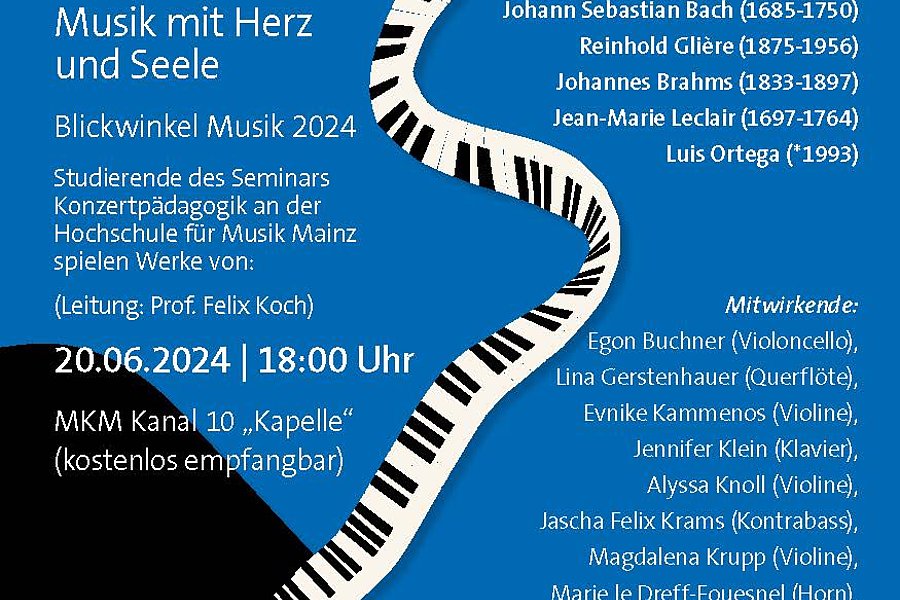 Plakat für das Konzert "Corda. Musik mit Herz und Seele" am 20.06.2024. Enthält eine Klaviertastatur im Hintergrund und die Namen der Künstler: Johann Sebastian Bach, Reinhold Gliere, Jean-Marie Leclair, Luis Ortega und weitere. Veranstaltungsort: MKM Kanal 10 "Kapelle".