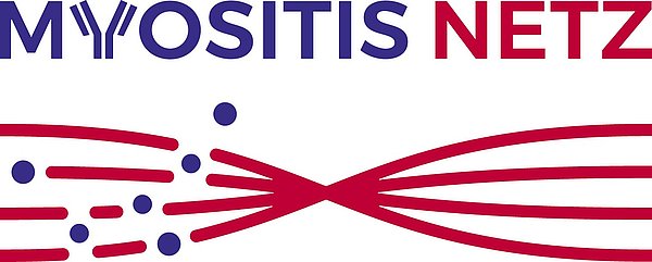 Logo mit dem Schriftzug 'MYOSITIS NETZ' und stilisierten roten Linien und blauen Punkten, die sich in der Mitte kreuzen