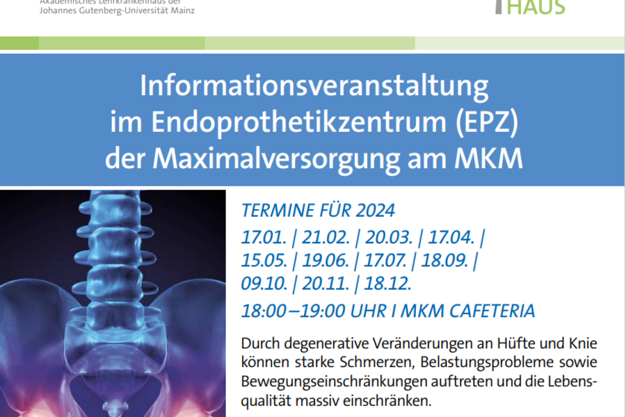 Informationsveranstaltung im Endoprothetikzentrum des Marienhaus Klinikums Mainz mit Terminen 2024 und Themen zu künstlichem Gelenkersatz bei Hüfte und Knie