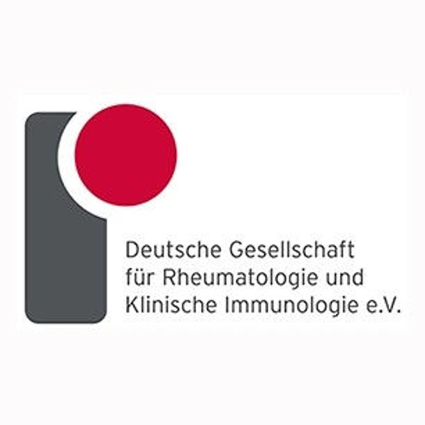 Logo der Deutschen Gesellschaft für Rheumatologie und Klinische Immunologie e.V. mit einem grauen Rechteck und einem roten Kreis.