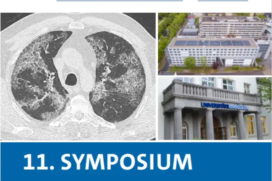 Ein CT-Scan der Lunge zeigt eine Querschnittsansicht. Darüber steht 'LUNGENzentrum MAINZ', darunter '11. SYMPOSIUM SELTENE LUNGENERKRANKUNGEN IM FOKUS'. Datum und Uhrzeit sind angegeben.