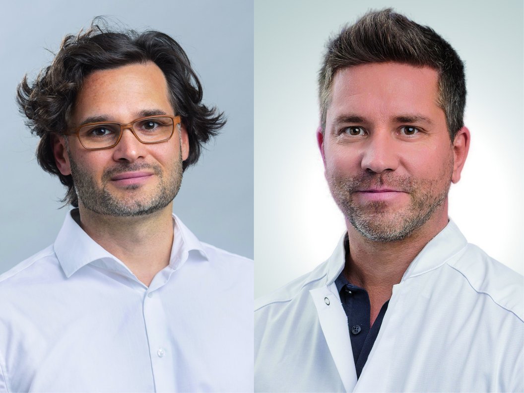 Prof. Dr. Pierre Kunz links mit lockigem Haar und weißem Hemd, Dr. Robin Uhlmann rechts mit kurzem Haar und weißem Kittel, beide in neutralem Hintergrund.