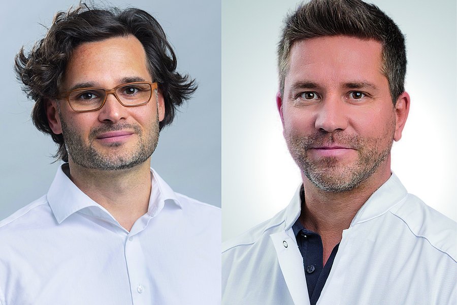 Prof. Dr. Pierre Kunz links mit lockigem Haar und weißem Hemd, Dr. Robin Uhlmann rechts mit kurzem Haar und weißem Kittel, beide in neutralem Hintergrund.
