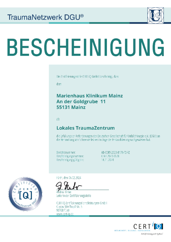 Bescheinigung für Marienhaus Klinikum Mainz als Lokales TraumaZentrum vom TraumaNetzwerk DGU