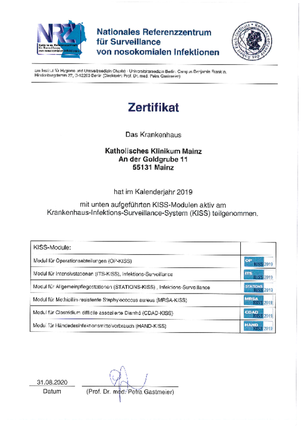 Zertifikat des Nationalen Referenzzentrums für Surveillance von nosokomialen Infektionen für das Katholische Klinikum Mainz, Teilnahme am Krankenhaus-Infektions-Surveillance-System 2019, mit Liste der KISS-Module