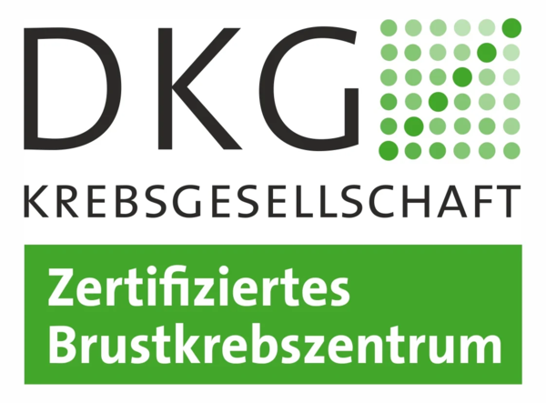 Logo der Deutschen Krebsgesellschaft mit Text 'Zertifiziertes Brustkrebszentrum' auf grünem Hintergrund