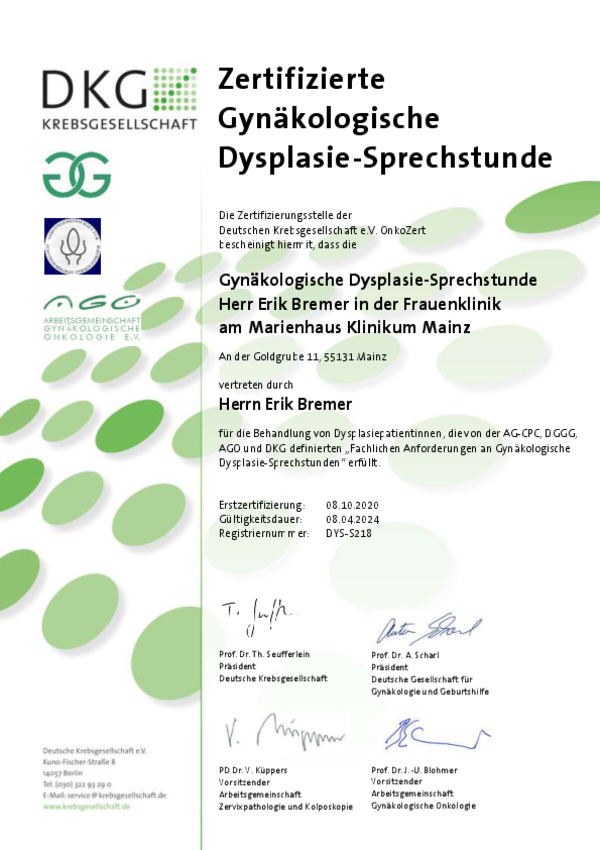 Zertifikat für zertifizierte gynäkologische Dysplasie-Sprechstunde, ausgestellt an Herrn Erik Bremer in der Frauenklinik am Marienhaus Klinikum Mainz