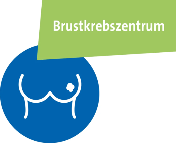 Symbol einer weiblichen Brust mit einem Knoten, darüber Text 'Brustkrebszentrum'