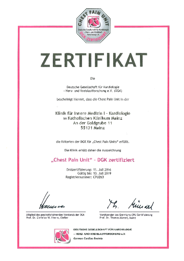 Zertifikat der Deutschen Gesellschaft für Kardiologie für die "Chest Pain Unit"