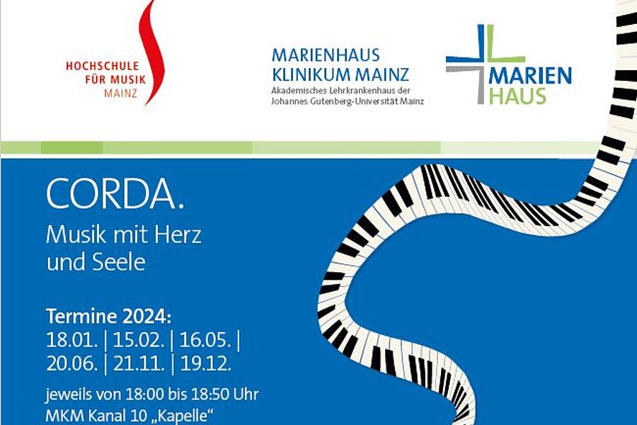 Grafik mit einem Klavier-Notenblatt-Muster. Text: 'Hochschule für Musik Mainz', 'MARIENHAUS KLINIKUM MAINZ', 'CORDA. Musik mit Herz und Seele', Termine 2024: 18.01., 15.02., 16.05., 20.06., 21.11., 19.12., jeweils von 18.00 bis 18.50 Uhr, MKM Kanal 10 'Kapelle' (kostenlos empfangbar).
