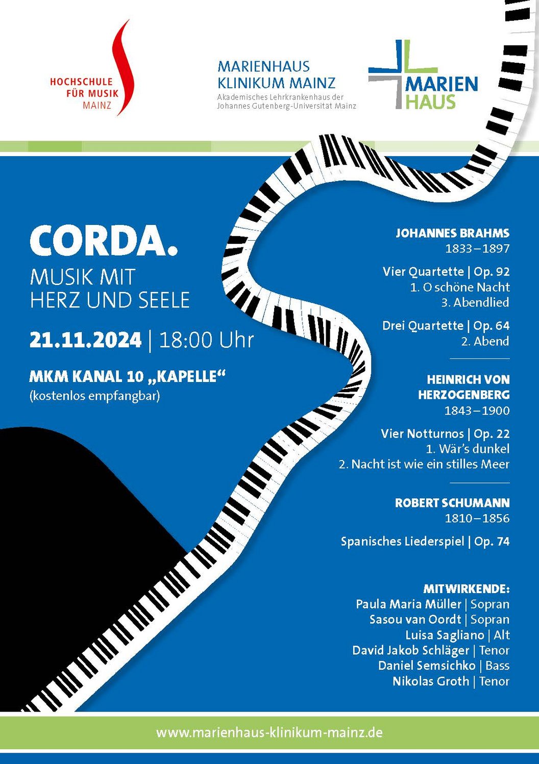 Konzertankündigung 'CORDA. Musik mit Herz und Seele' am 21.11.2024 um 18 Uhr im MKM Kanal 10 'Kapelle' mit Werken von Brahms, Herzogberg und Schumann