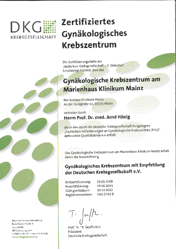 Zertifikat der Deutschen Krebsgesellschaft für das Gynäkologische Krebszentrum am Marienhaus Klinikum Mainz