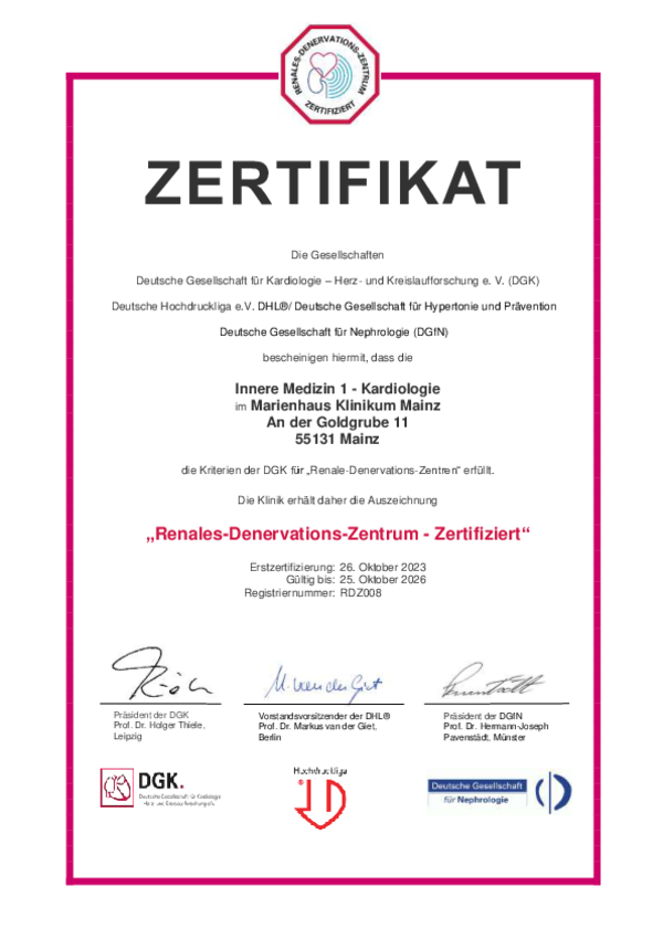 Zertifikat der DGK für Frau Prof. Dr. med. Sabine Grenth-Zoll