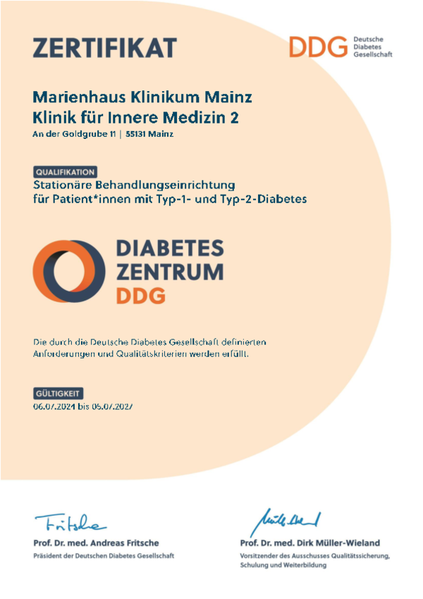 Zertifikat der Deutschen Diabetes Gesellschaft für das Marienhaus Klinikum Mainz, Klinik für Innere Medizin 2, als stationäre Behandlungseinrichtung für Patienten mit Typ-1- und Typ-2-Diabetes
