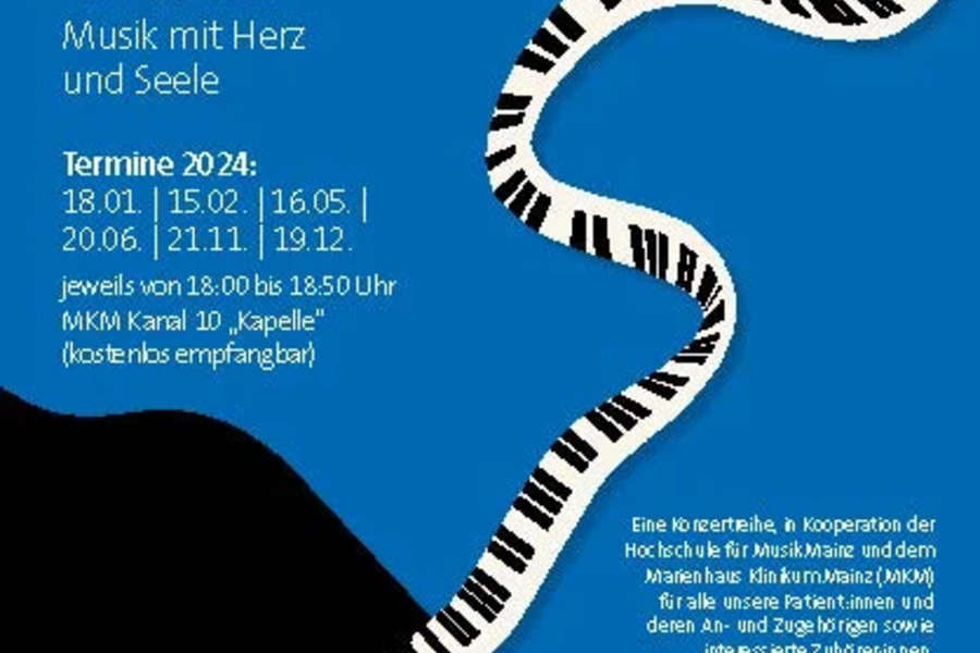 Plakat für das Konzertprogramm 'CORDA. Musik mit Herz und Seele' 2024 mit Terminen und Uhrzeiten, organisiert von Hochschule für Musik Mainz und Marienhaus Klinikum Mainz