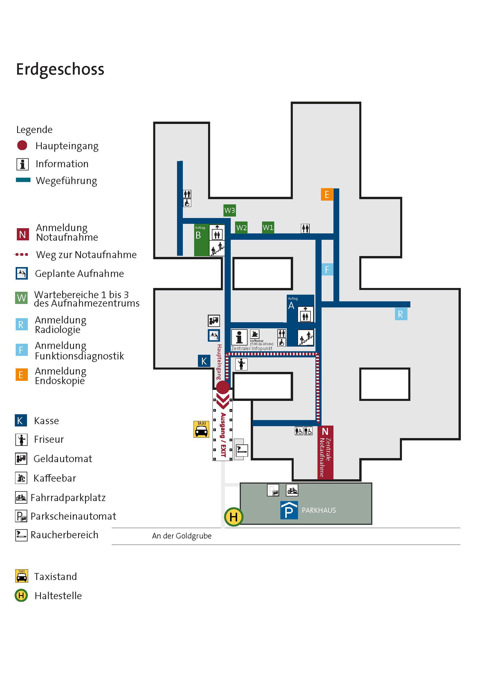 Schwarz-weiße Linienzeichnung eines Erdgeschossplans mit Legende und farbigen Symbolen für Eingänge, Informationen, Wegeführung und verschiedene Einrichtungen wie Kasse, Friseur, Geldautomat und Haltestelle.