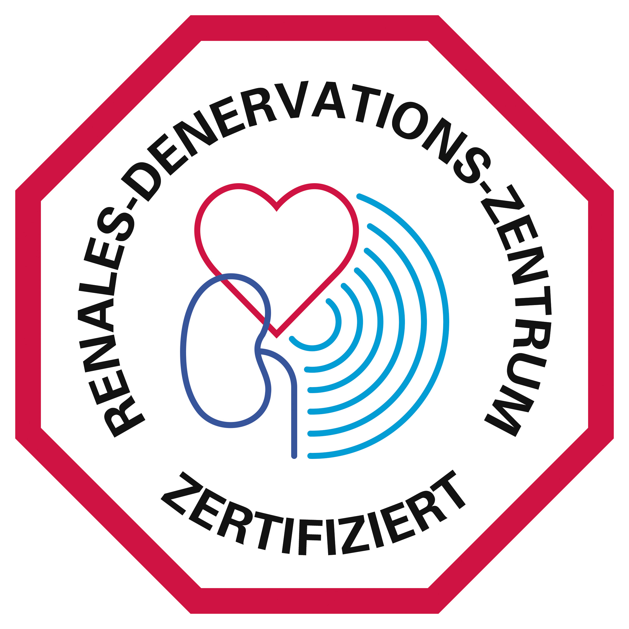 Achtkantiges Logo mit dem Text 'RENALES-DENERVATIONS-ZENTRUM' und 'ZERTIFIZIERT'. In der Mitte ein Herz und eine stilisierte Niere mit Wellenlinien.
