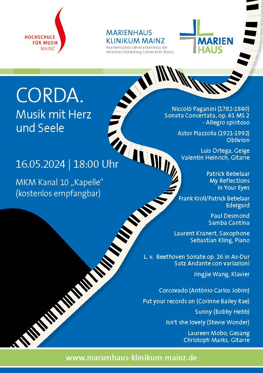 Plakat für ein Konzert mit dem Titel 'CORDA. Musik mit Herz und Seele'. Datum: 16.05.2024, Uhrzeit: 18:00. Veranstaltungsort: MKM Kanal 10 - Kapelle. Aufgelistete Künstler und Werke.