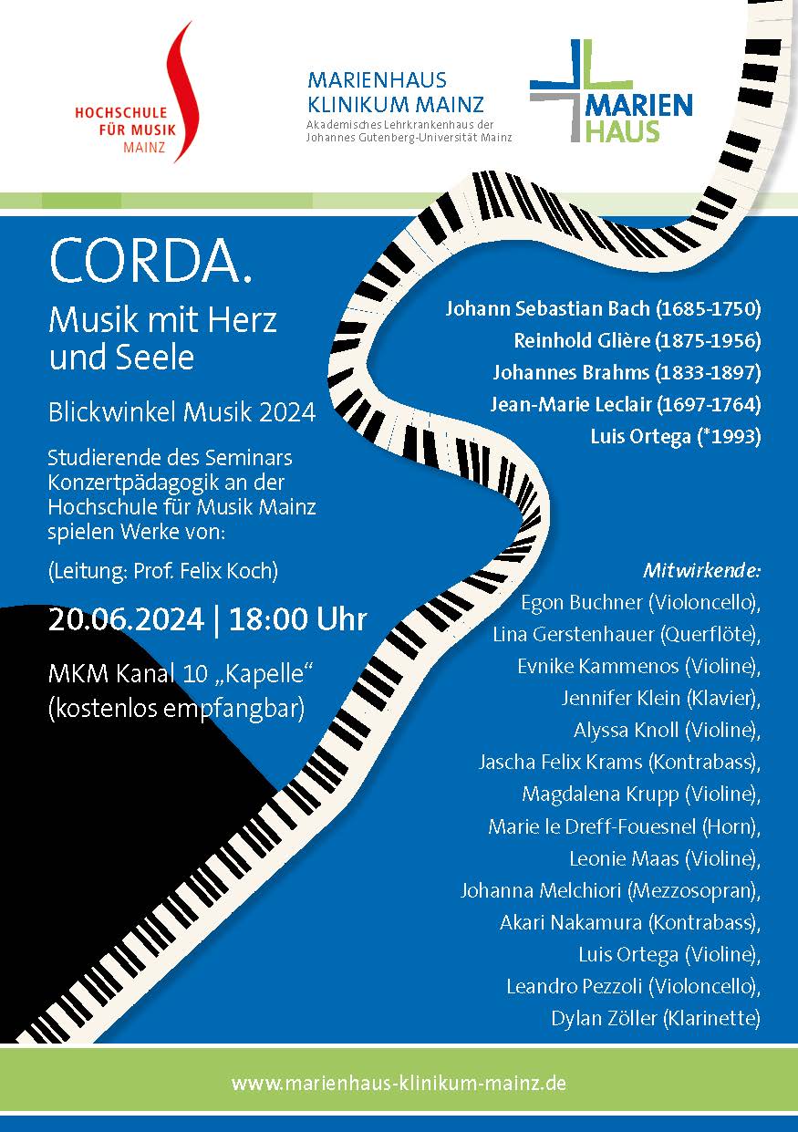 Plakat für das Konzert "Corda. Musik mit Herz und Seele" am 20.06.2024. Enthält eine Klaviertastatur im Hintergrund und die Namen der Künstler: Johann Sebastian Bach, Reinhold Gliere, Jean-Marie Leclair, Luis Ortega und weitere. Veranstaltungsort: MKM Kanal 10 "Kapelle".
