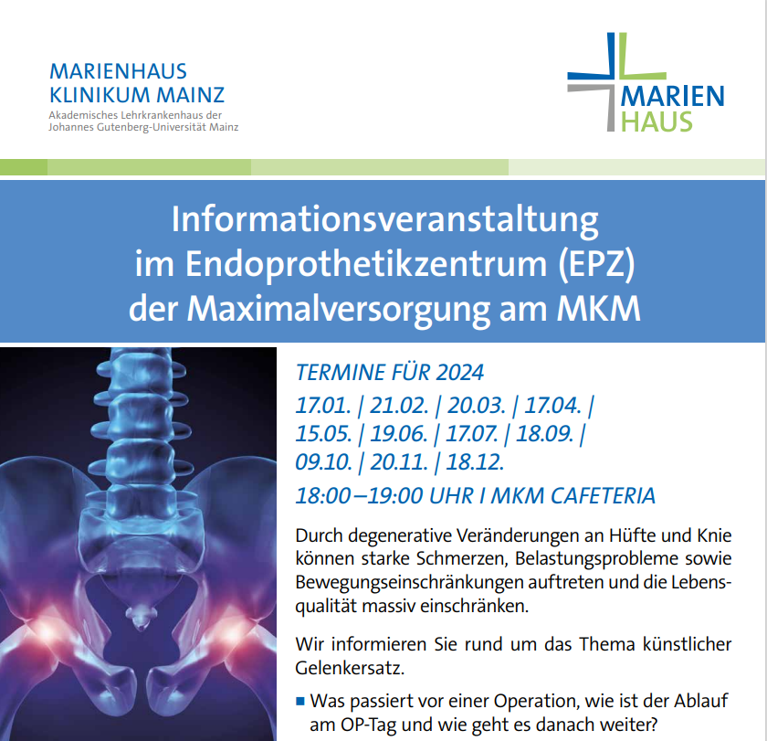Informationsveranstaltung im Endoprothetikzentrum des Marienhaus Klinikums Mainz mit Terminen 2024 und Themen zu künstlichem Gelenkersatz bei Hüfte und Knie