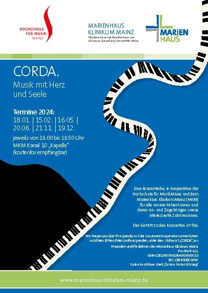 Plakat für das Konzertprogramm 'CORDA. Musik mit Herz und Seele' 2024 mit Terminen und Uhrzeiten, organisiert von Hochschule für Musik Mainz und Marienhaus Klinikum Mainz
