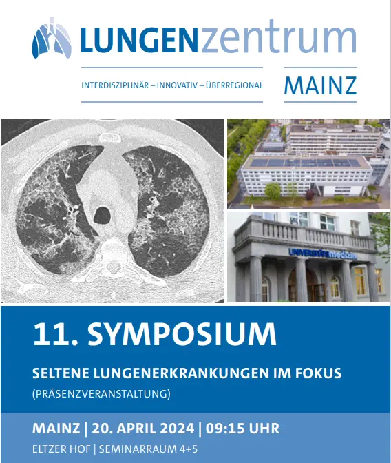 Ein CT-Scan der Lunge zeigt eine Querschnittsansicht. Darüber steht 'LUNGENzentrum MAINZ', darunter '11. SYMPOSIUM SELTENE LUNGENERKRANKUNGEN IM FOKUS'. Datum und Uhrzeit sind angegeben.